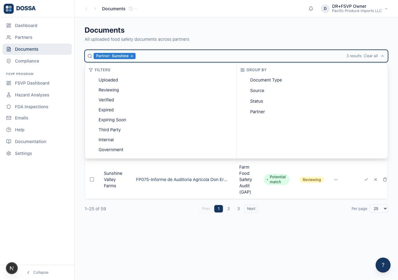 Pin the search to a single partner using the column-search suggestion