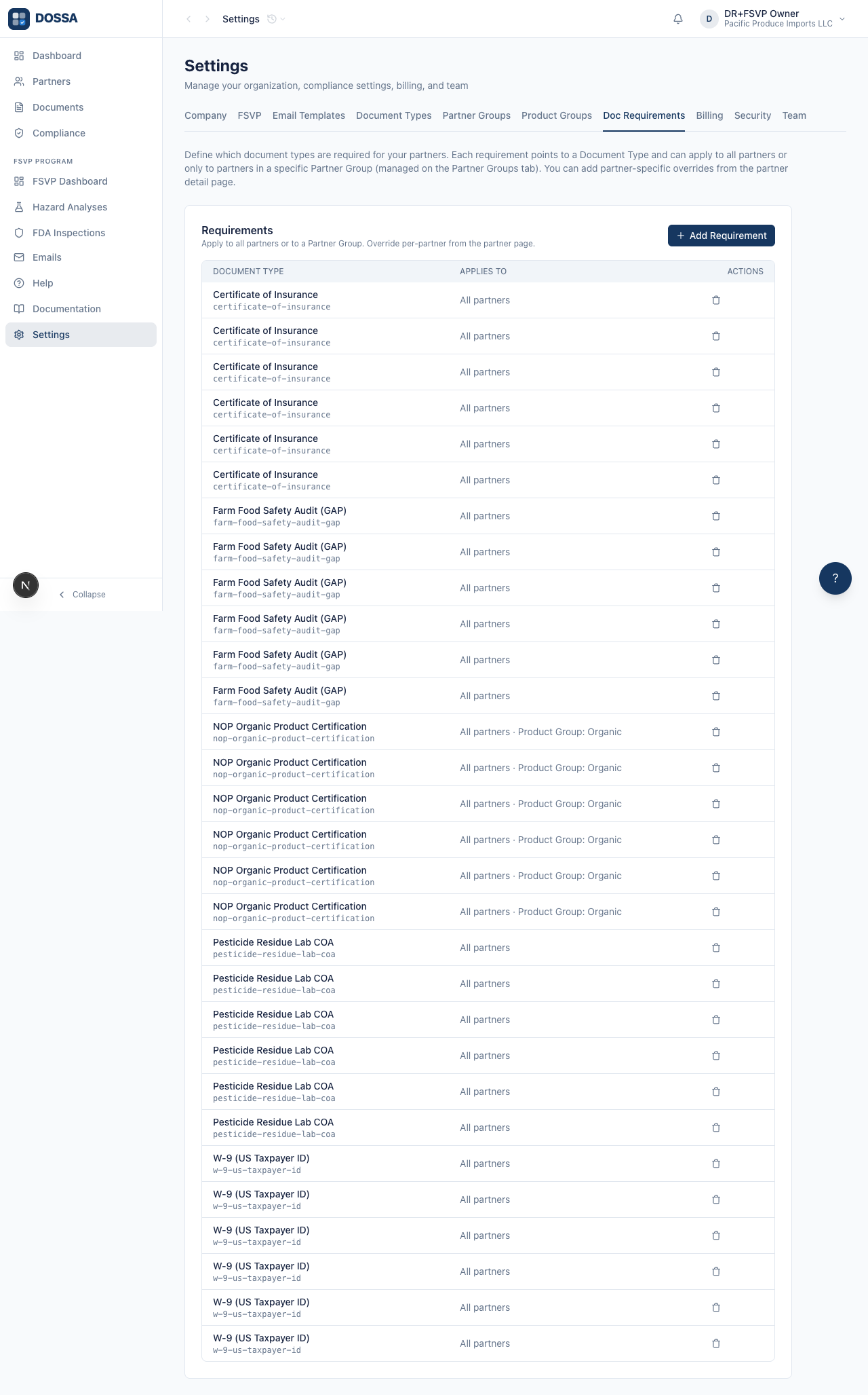 Open the Doc Requirements tab in Settings