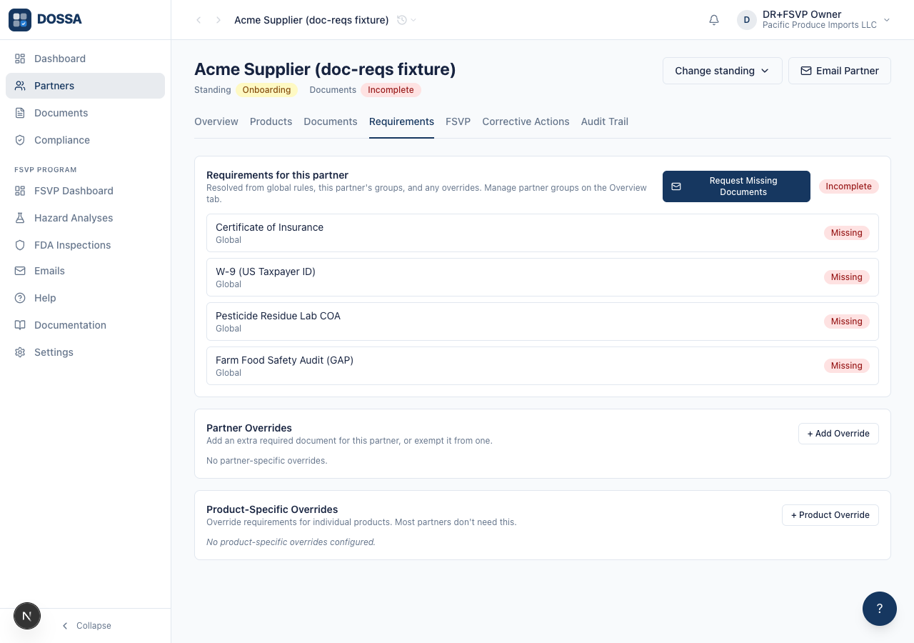 Open the Requirements tab on a specific partner to add partner-scope overrides