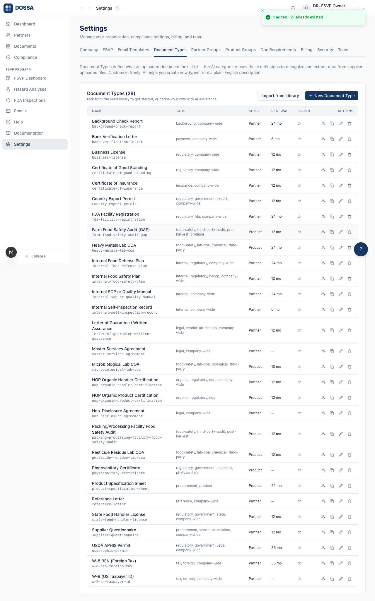 Open wizard, pick types, submit — types appear in the catalog