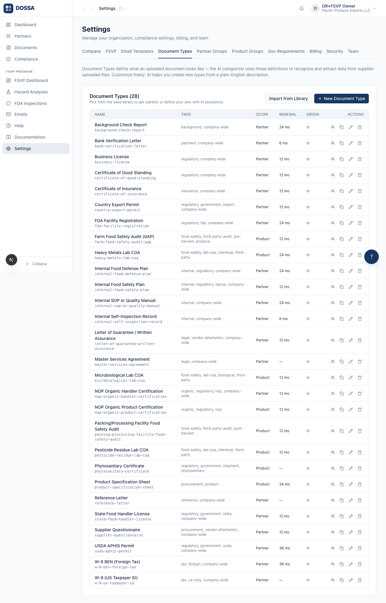 Open the Document Types tab in Settings and review the existing catalog