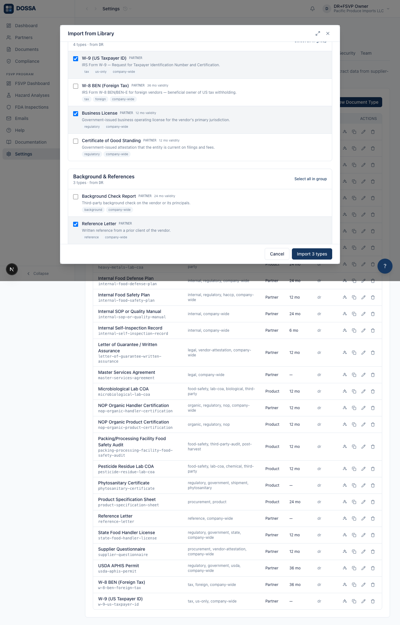 Open wizard and add a few individual types via per-type checkboxes