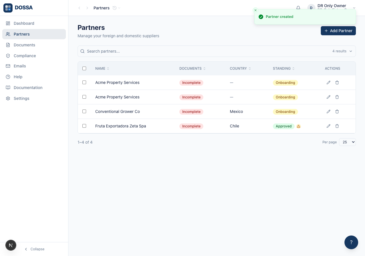 Create the first partner via the Partners list page