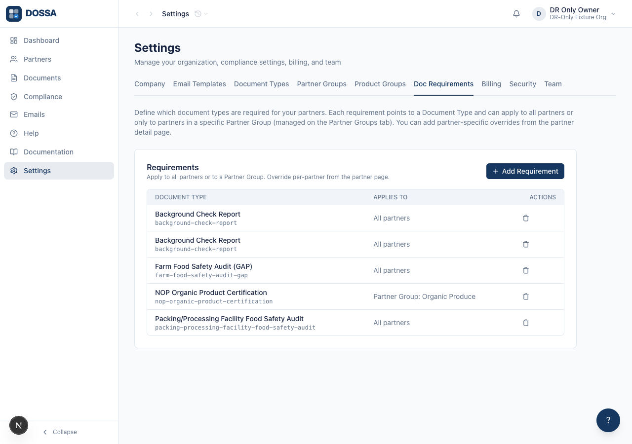 Add a global document requirement in Settings