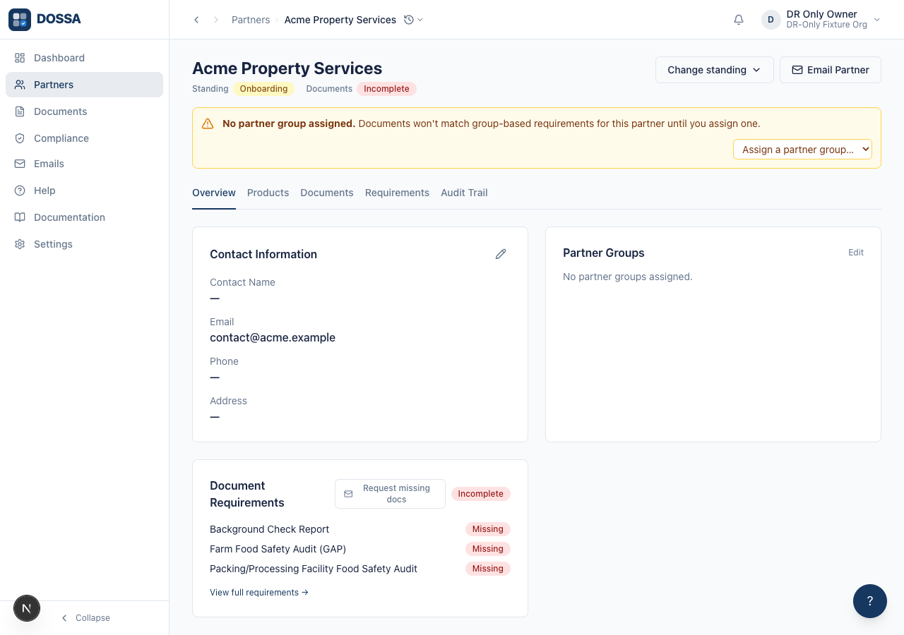 Verify the partner detail page shows only the foundation tabs