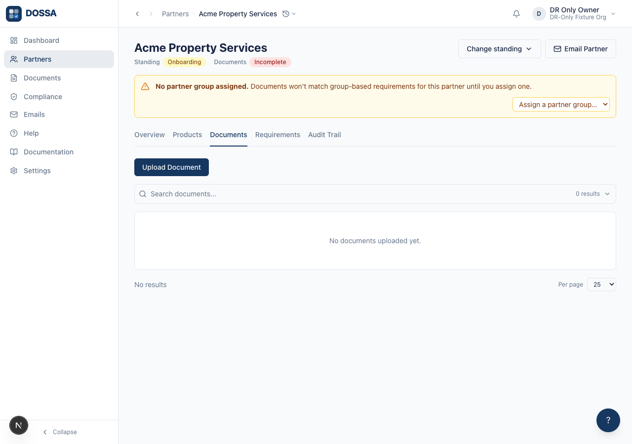 View the partner Documents tab and its Upload Document control