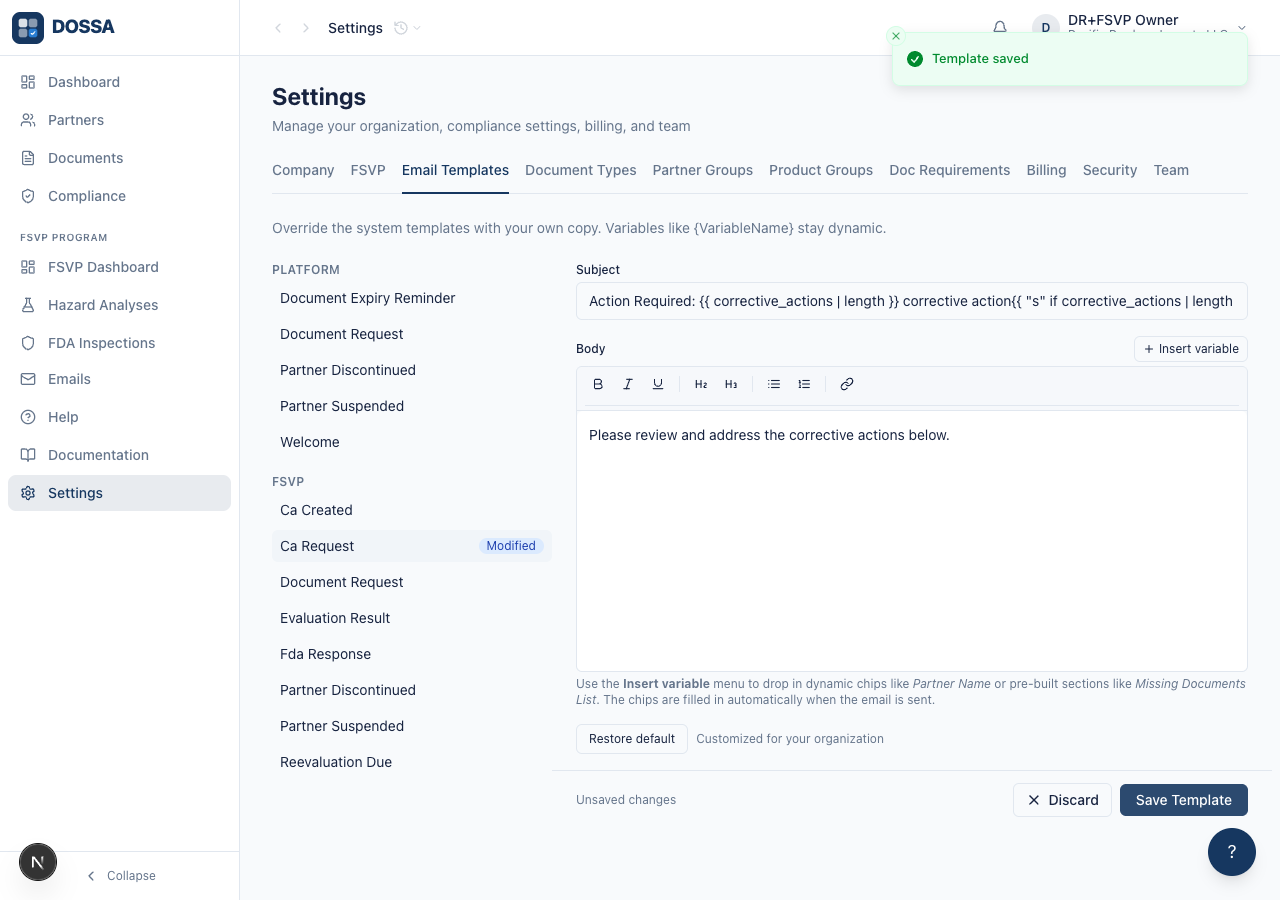 Customize an FSVP add-on template and save it (FSVP-entitled orgs only)