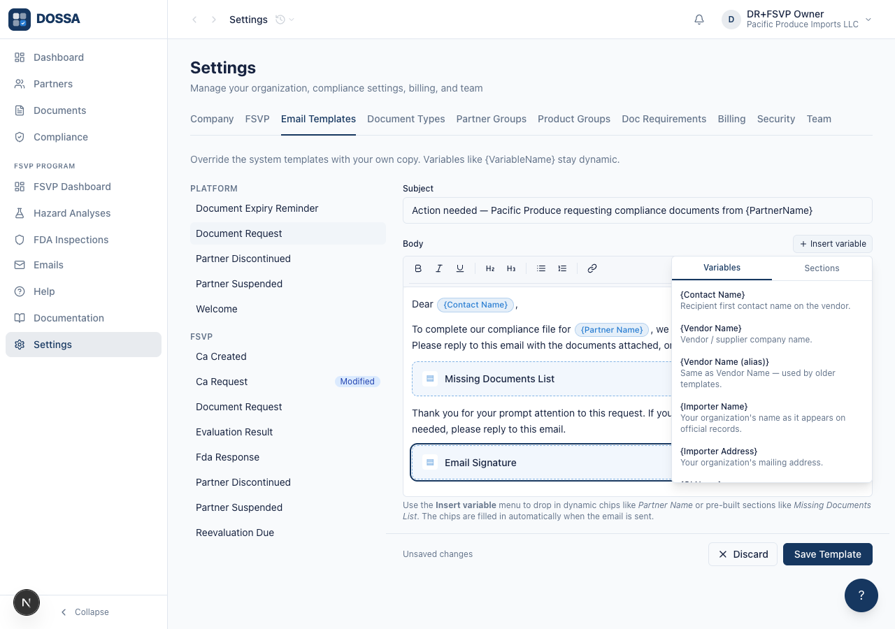 Open the Insert variable menu and view the Variables tab