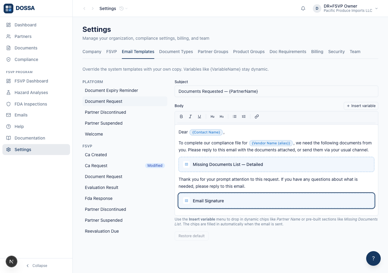 Restore the document_request template back to the system default