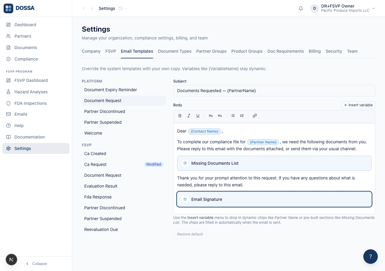 Open the Document Request template in the editor