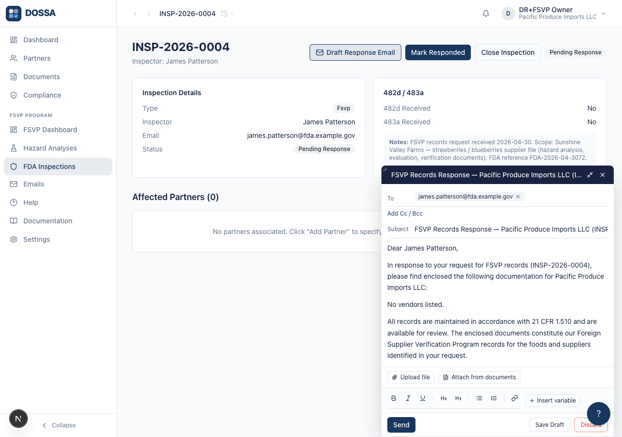 Draft the formal response email for the inspection
