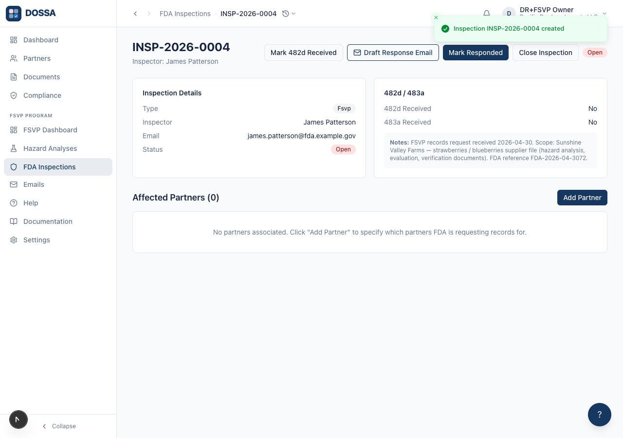 Log the FDA inspection in the system