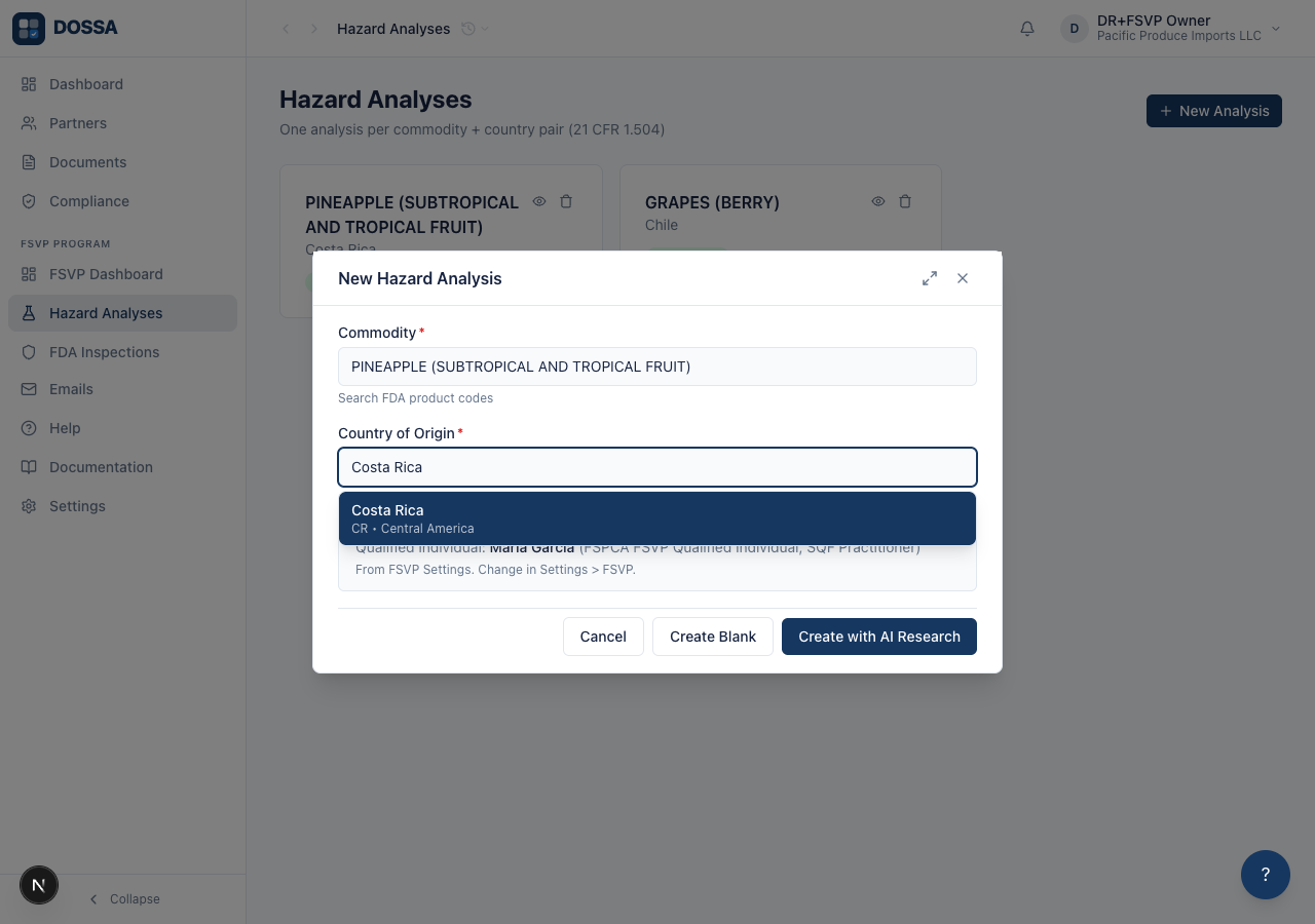 Open the New Analysis modal and fill commodity + country