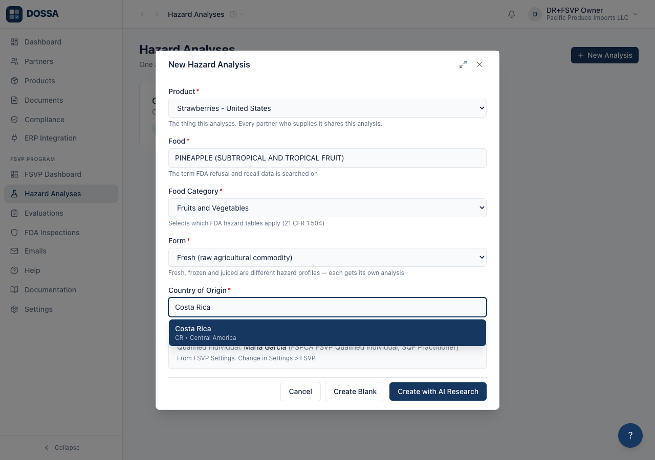 Open the New Analysis modal, pick the product it analyses, then food, category, form and country