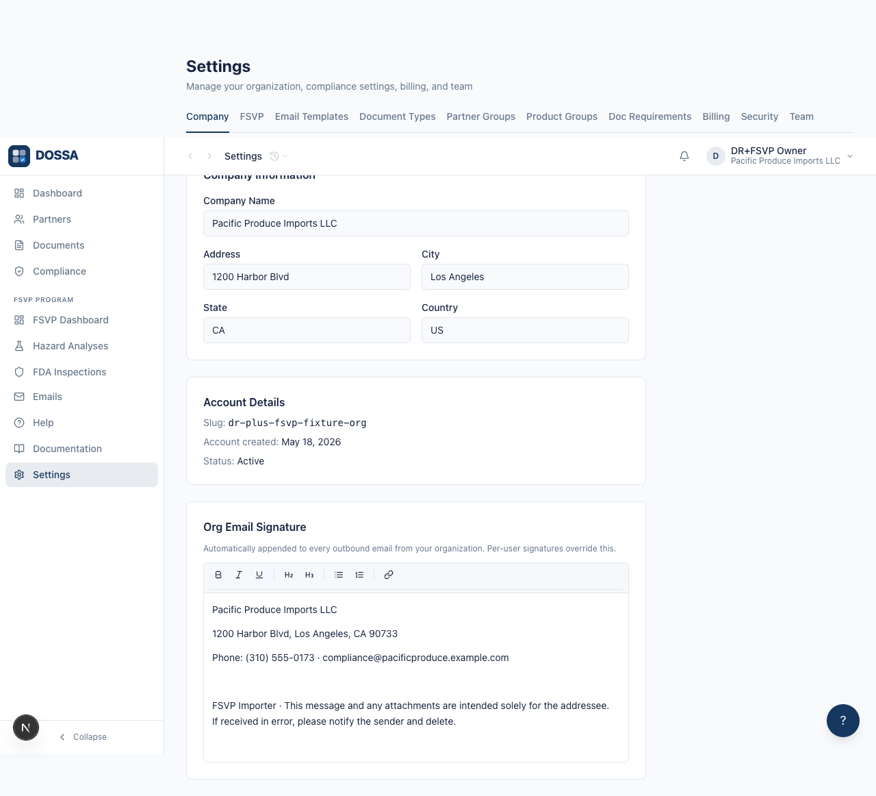 Complete the Company Information form and the org-wide email signature, then save both together