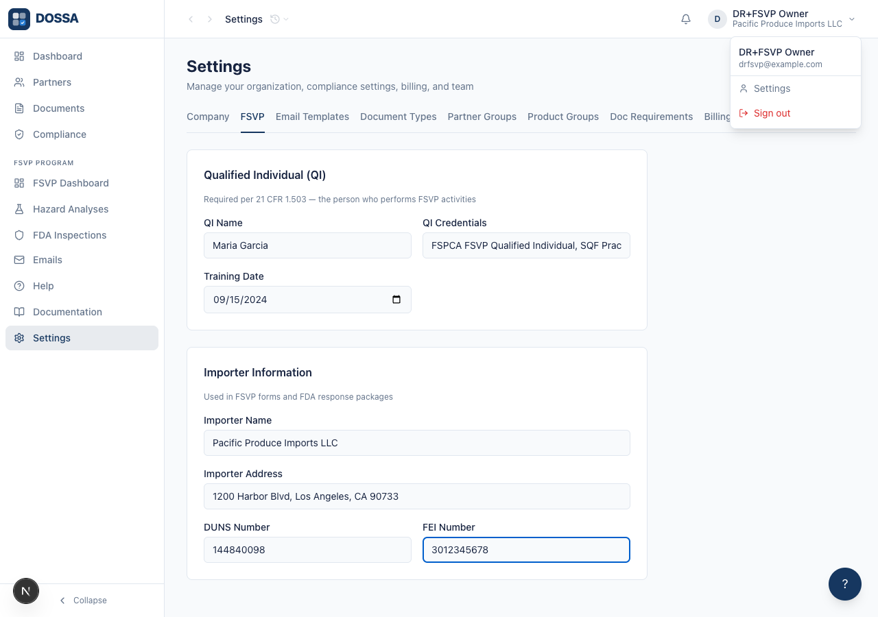 Fill the QI + importer fields required for FSVP forms