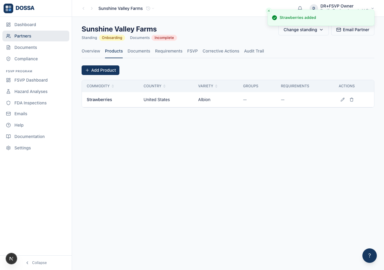 Register a product on the partner (FSVP add-on only)