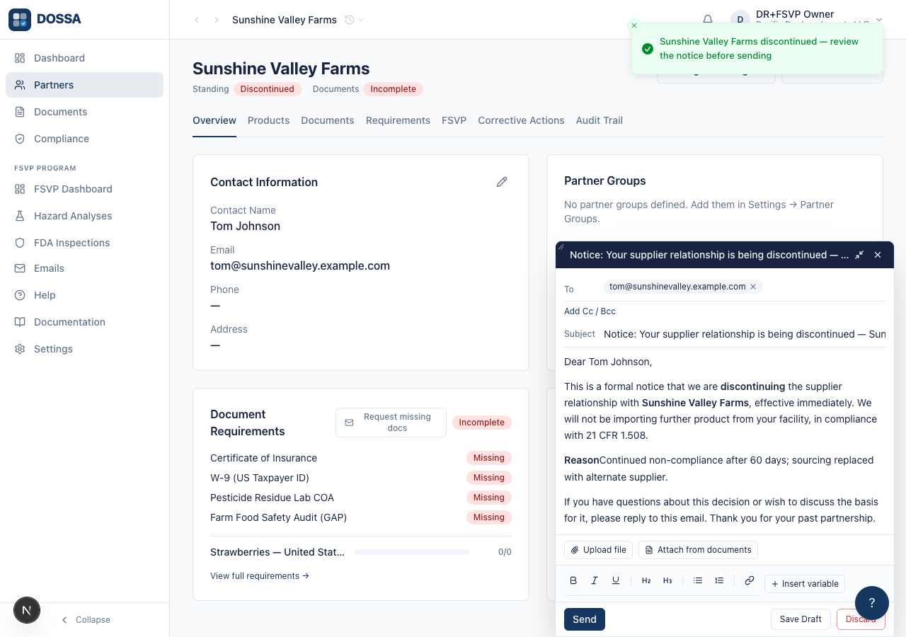Discontinue the approved partner directly (terminal state)