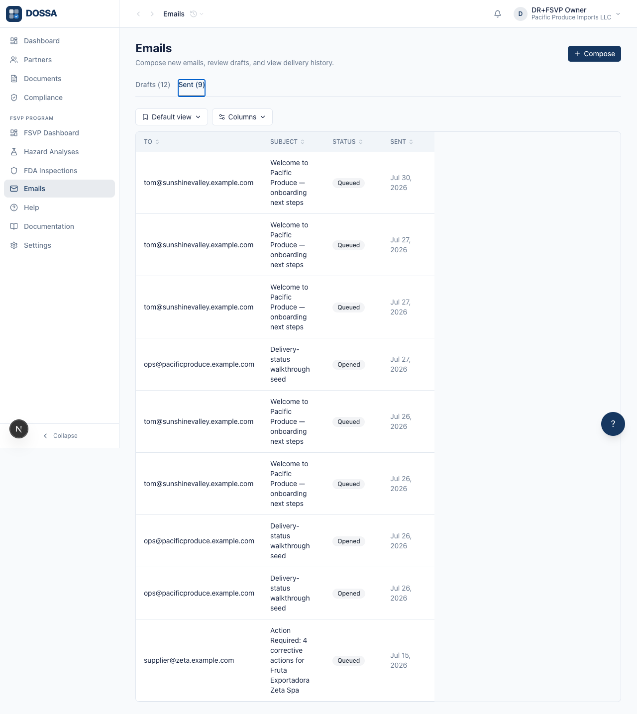 Open a sent email in read-only mode and inspect delivery status