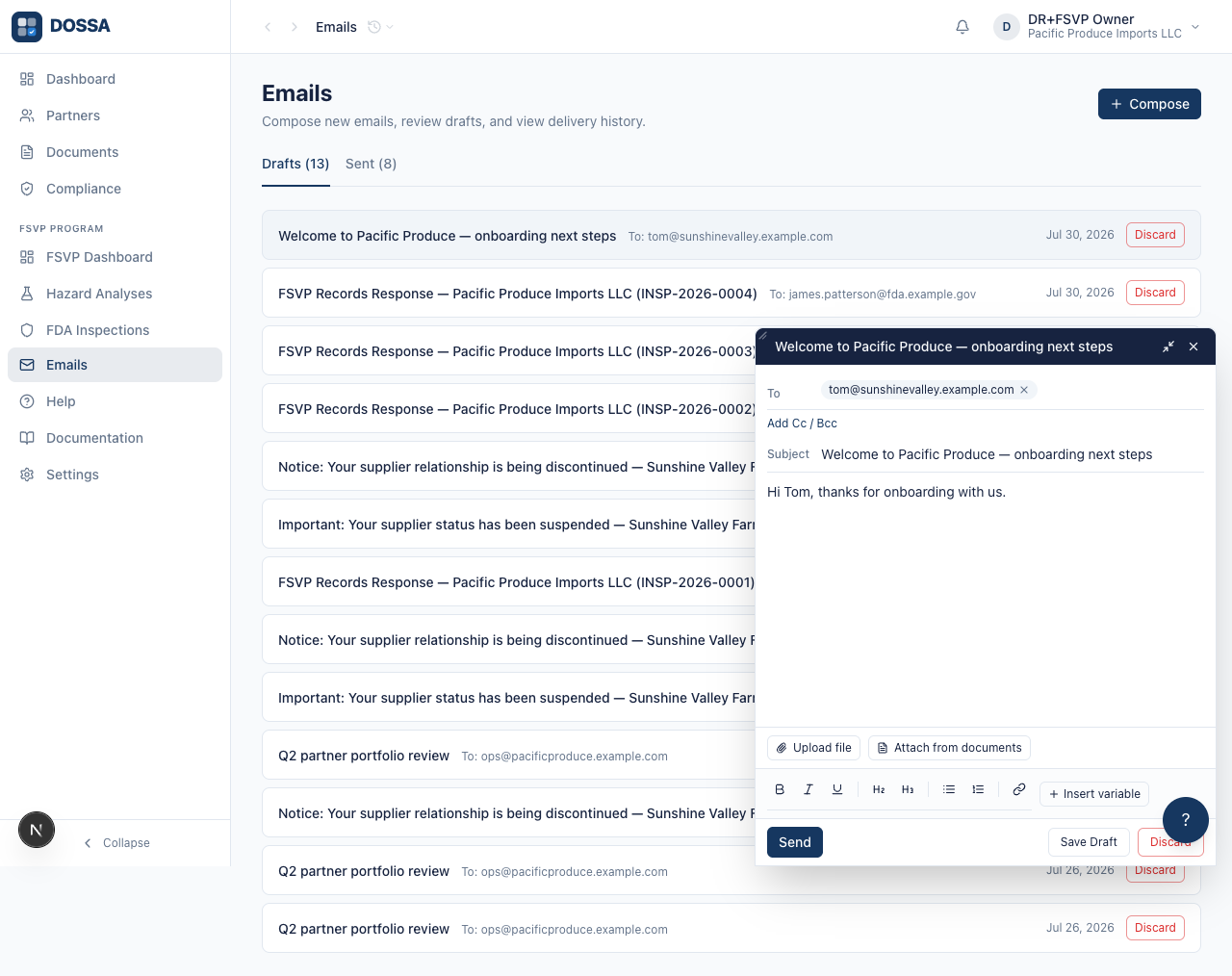 Save Draft to close the compose window, then reopen the same draft from /emails