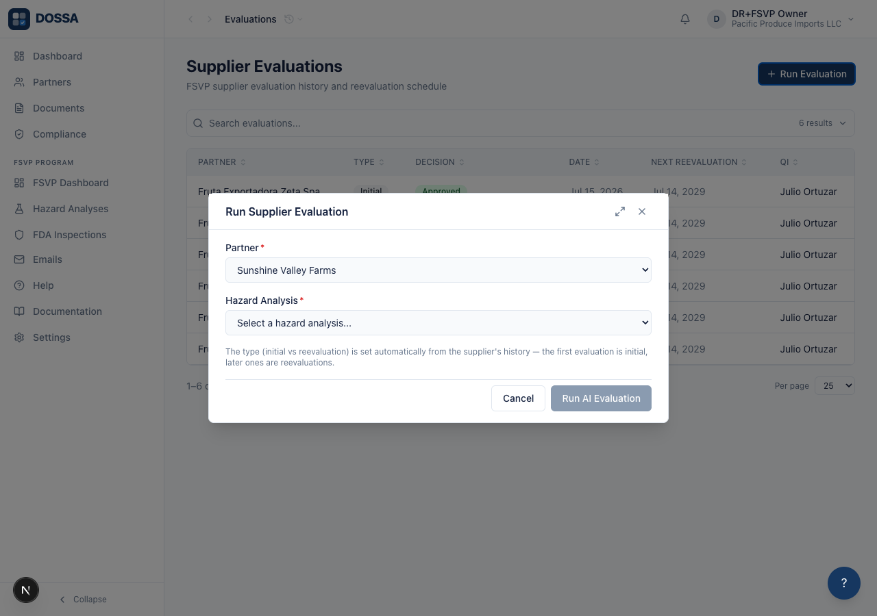 Run the AI supplier evaluation from the modal