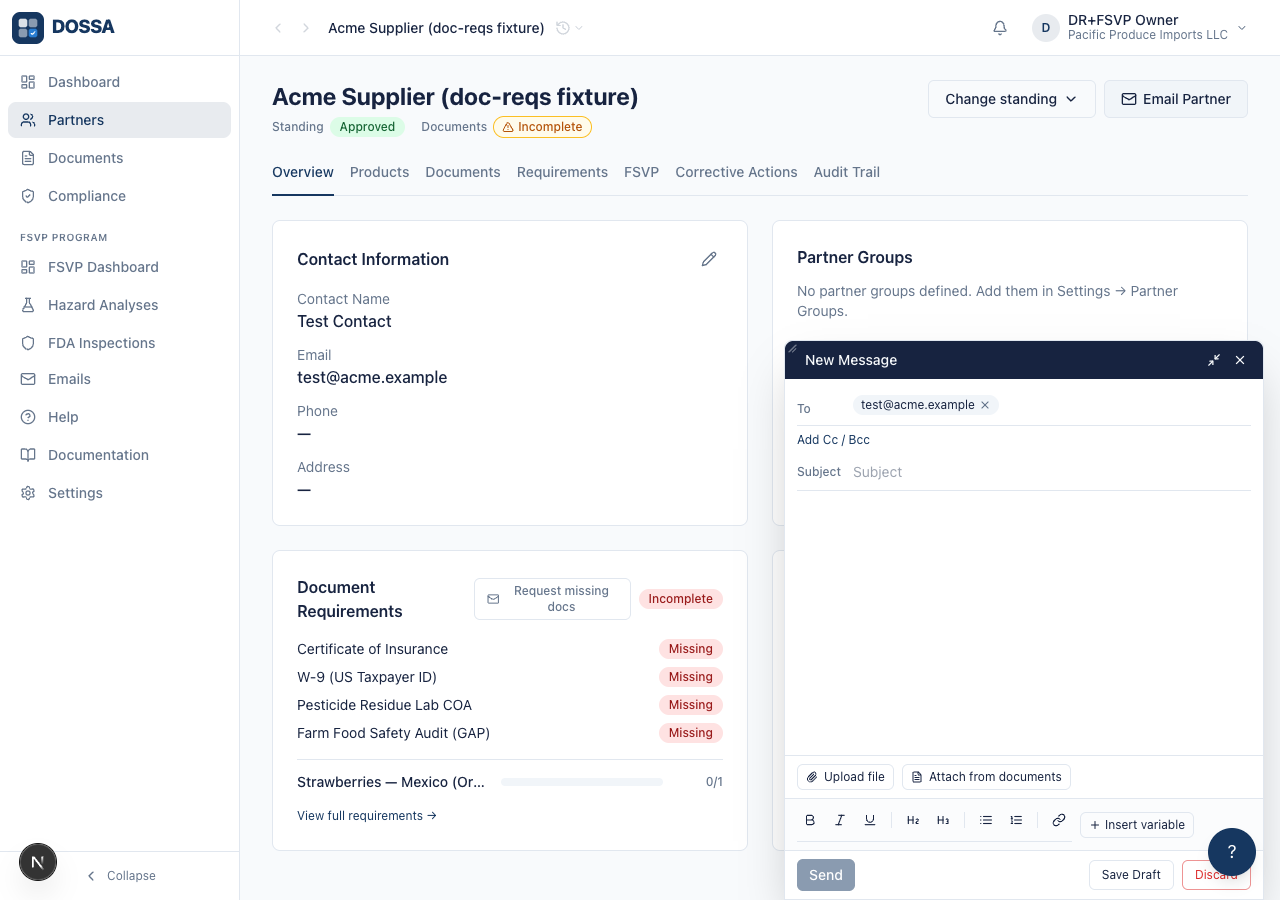 Email the partner via the compose window (response-package attachment is manual)
